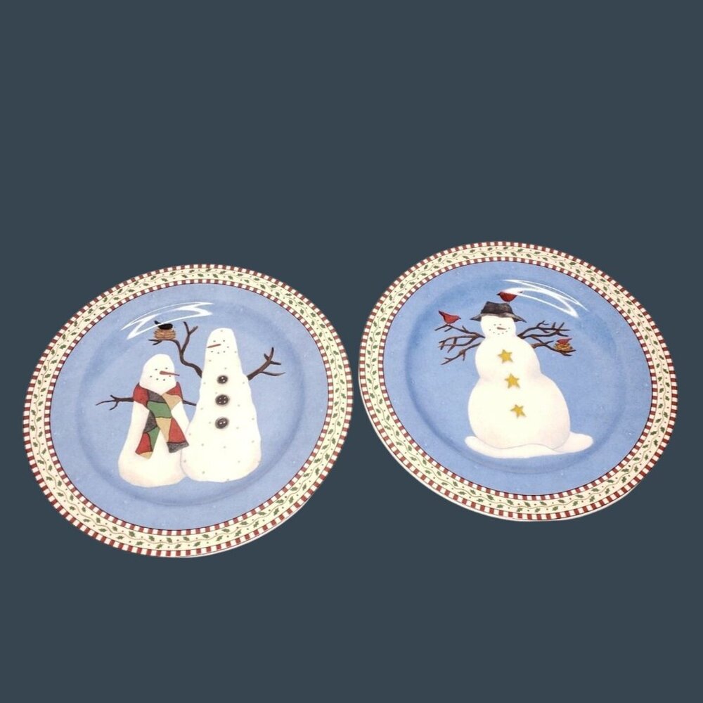 Sakura Snowman Stoneware 8.5 in Plates By Debbie Mumm Set Of 2 Dishwasher Safe